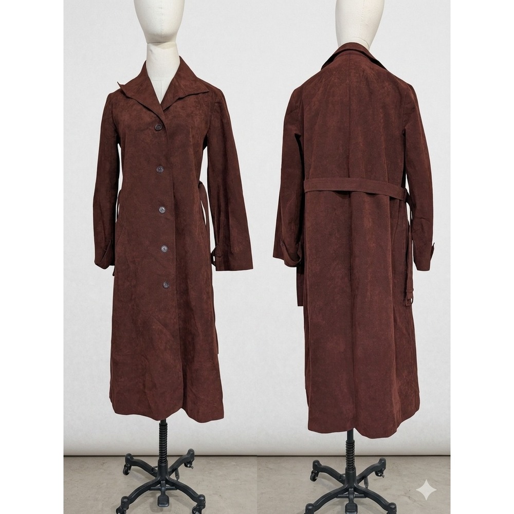 Vintage 70s Shannon Rodgers Brown‎ Faux Suede Trench Coat Belted